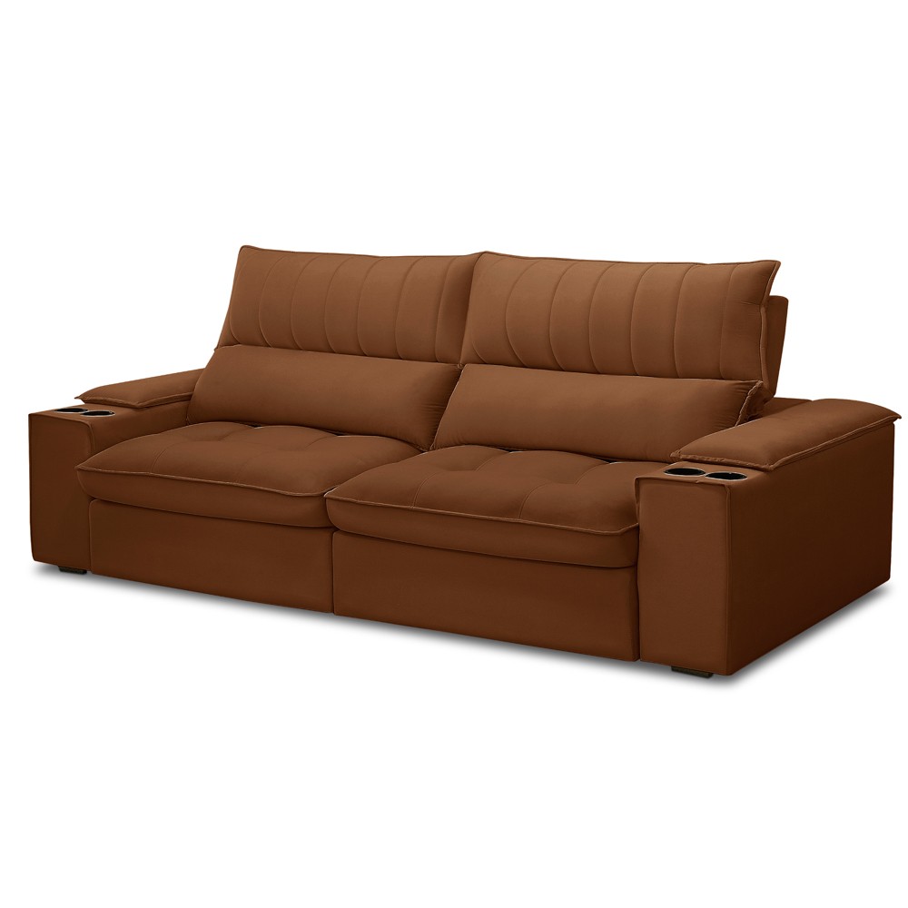 Sofá Retrátil 3 Lugares com Porta Copo 250cm Andes F05 Veludo Terracota - Mpozenato