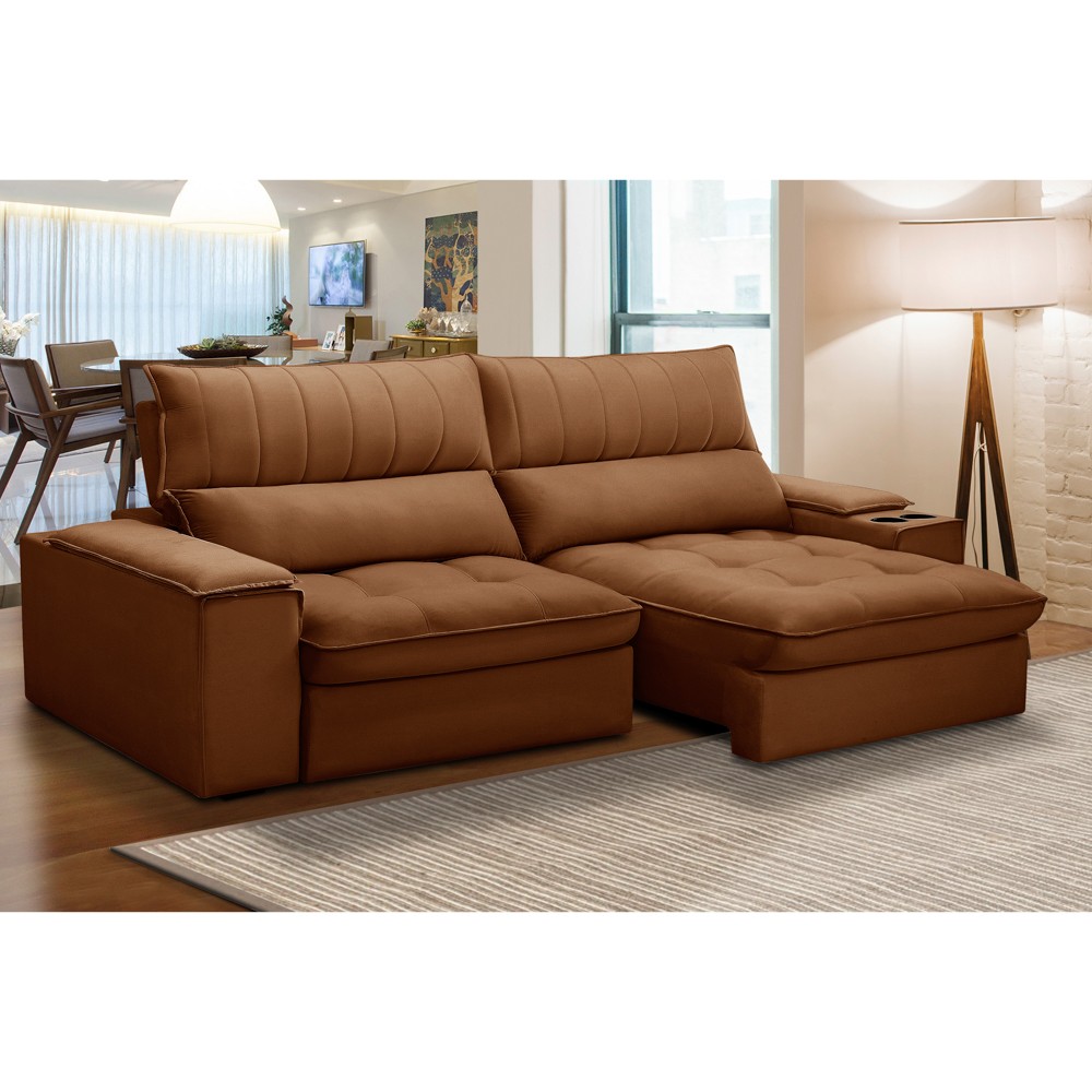 Sofá Retrátil 3 Lugares com Porta Copo 250cm Andes F05 Veludo Terracota - Mpozenato