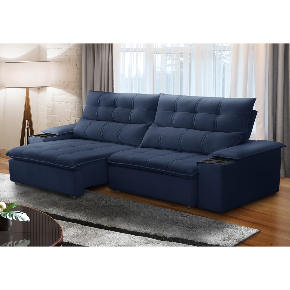 Sofá Retrátil 3 Lugares com Porta Copo 250cm Malta F05 Veludo Azul - Mpozenato