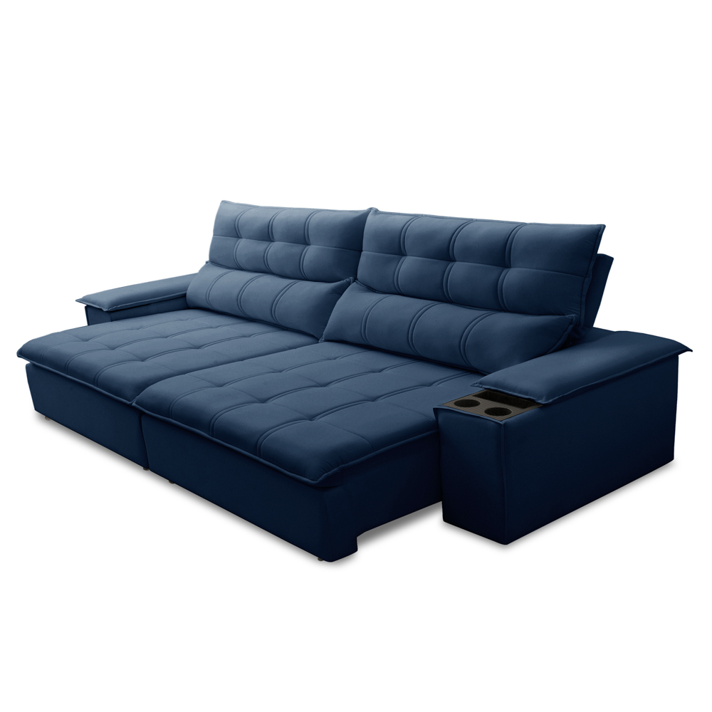 Sofá Retrátil 3 Lugares com Porta Copo 250cm Malta F05 Veludo Azul - Mpozenato