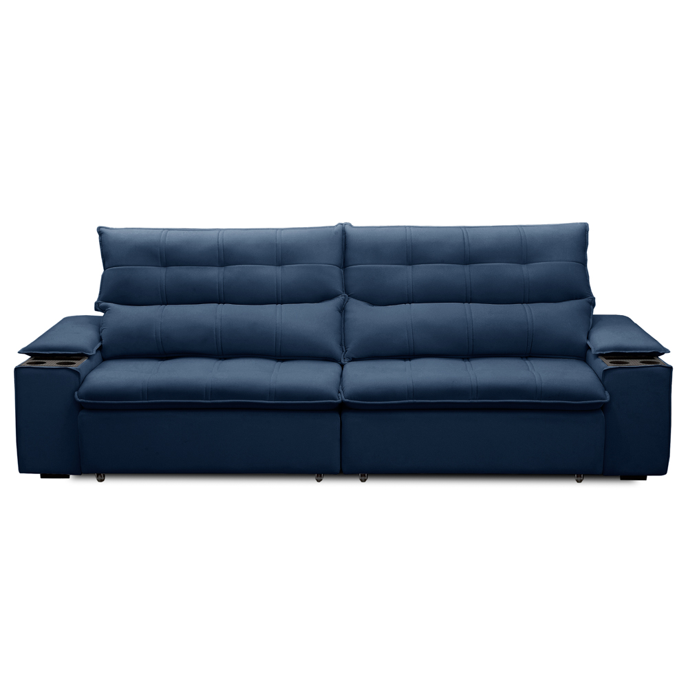 Sofá Retrátil 3 Lugares com Porta Copo 250cm Malta F05 Veludo Azul - Mpozenato