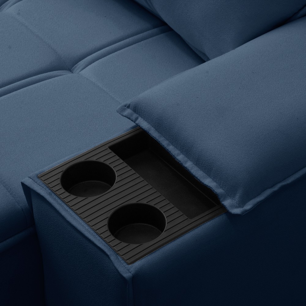 Sofá Retrátil 3 Lugares com Porta Copo 250cm Malta F05 Veludo Azul - Mpozenato