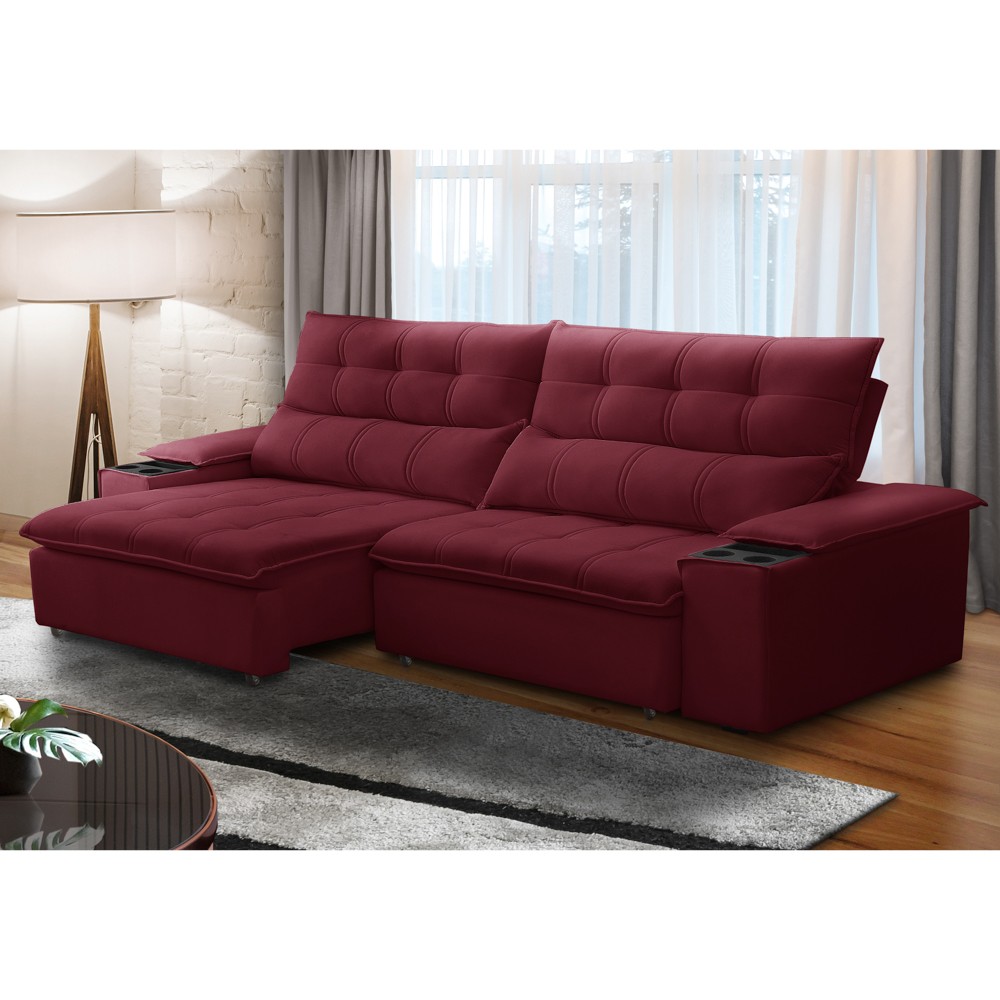 Sofá Retrátil 3 Lugares com Porta Copo 250cm Malta F05 Veludo Bordô - Mpozenato