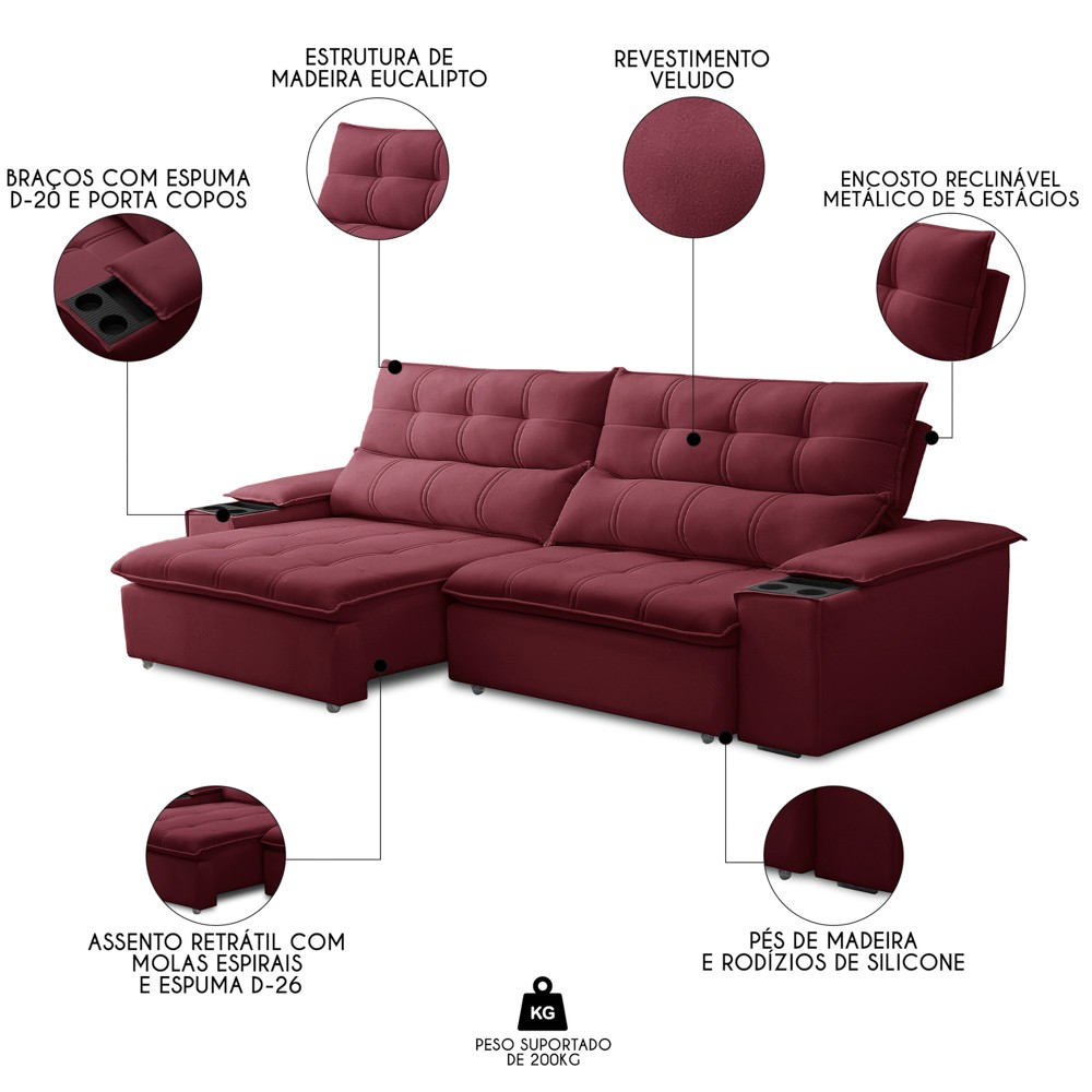 Sofá Retrátil 3 Lugares com Porta Copo 250cm Malta F05 Veludo Bordô - Mpozenato