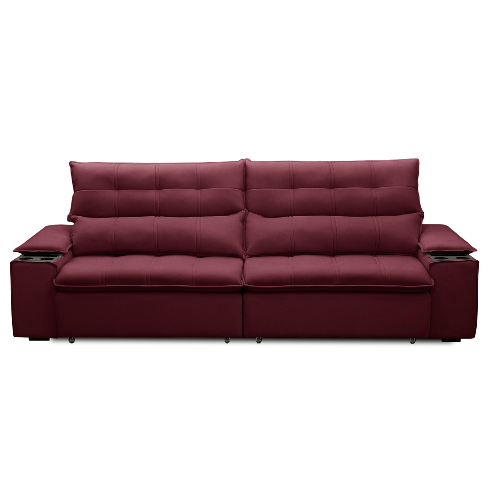 Sofá Retrátil 3 Lugares com Porta Copo 250cm Malta F05 Veludo Bordô - Mpozenato