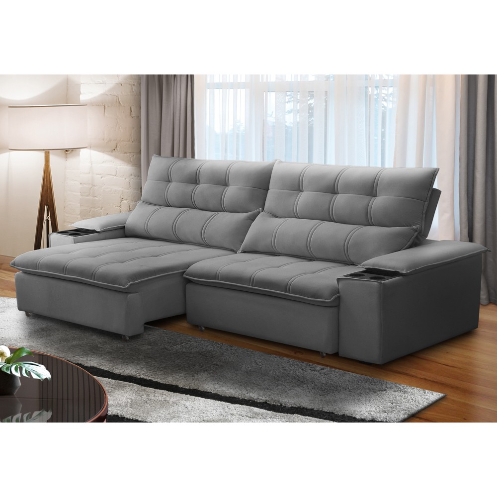 Sofá Retrátil 3 Lugares com Porta Copo 250cm Malta F05 Veludo Cinza - Mpozenato