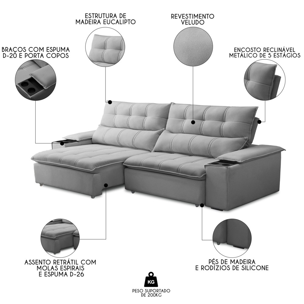 Sofá Retrátil 3 Lugares com Porta Copo 250cm Malta F05 Veludo Cinza - Mpozenato