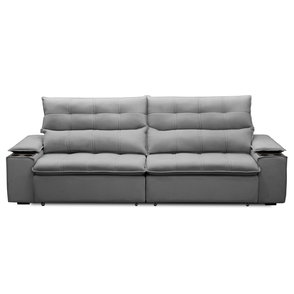 Sofá Retrátil 3 Lugares com Porta Copo 250cm Malta F05 Veludo Cinza - Mpozenato