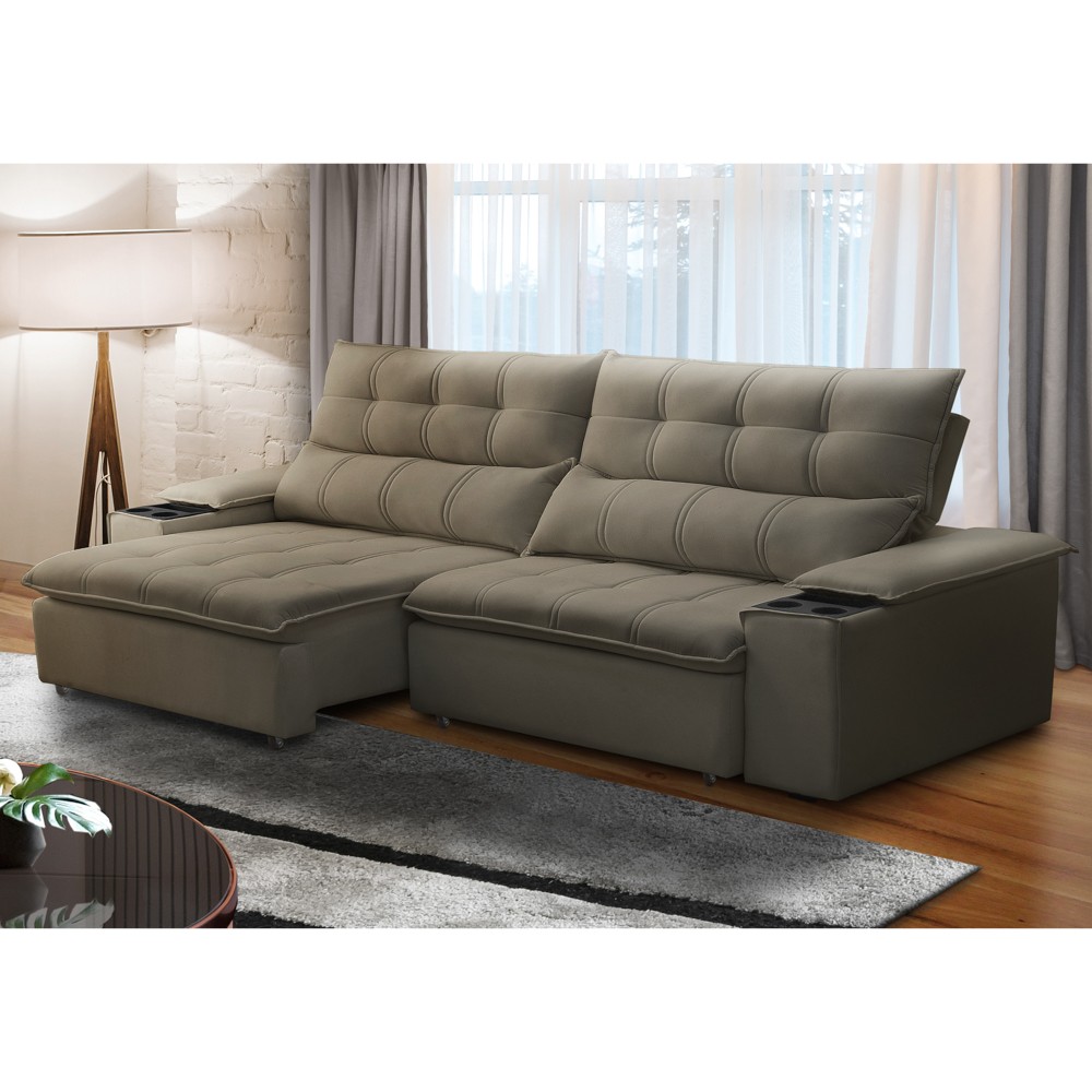 Sofá Retrátil 3 Lugares com Porta Copo 250cm Malta F05 Veludo Marrom - Mpozenato
