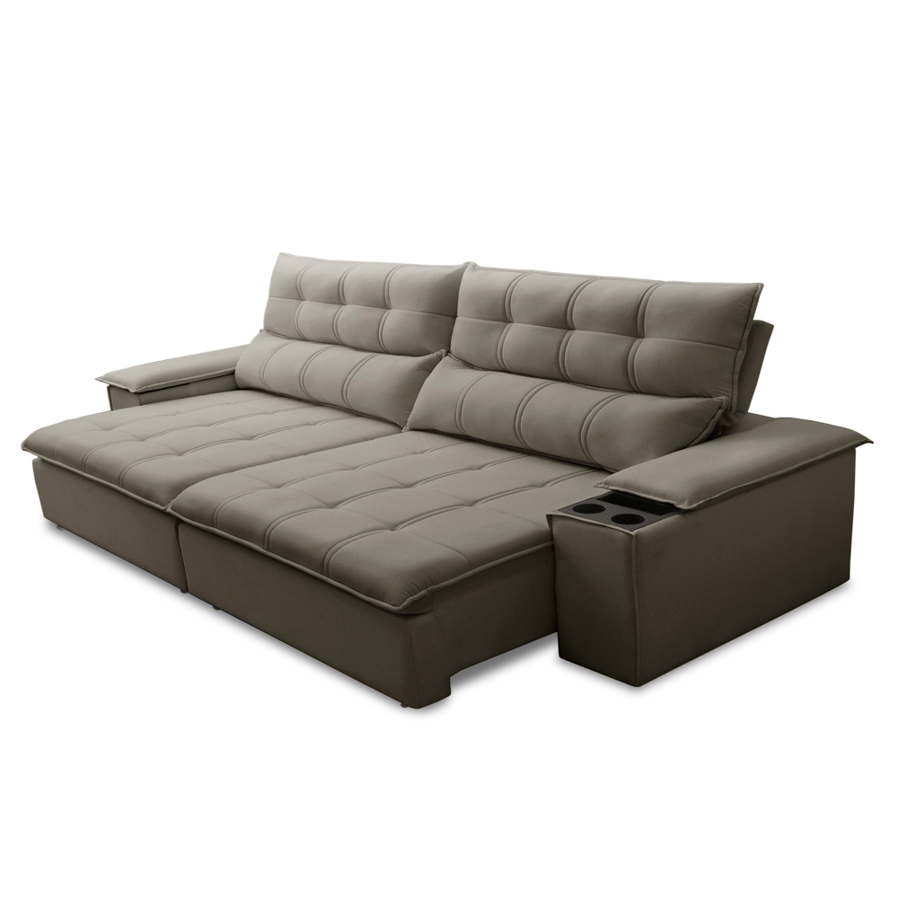 Sofá Retrátil 3 Lugares com Porta Copo 250cm Malta F05 Veludo Marrom - Mpozenato