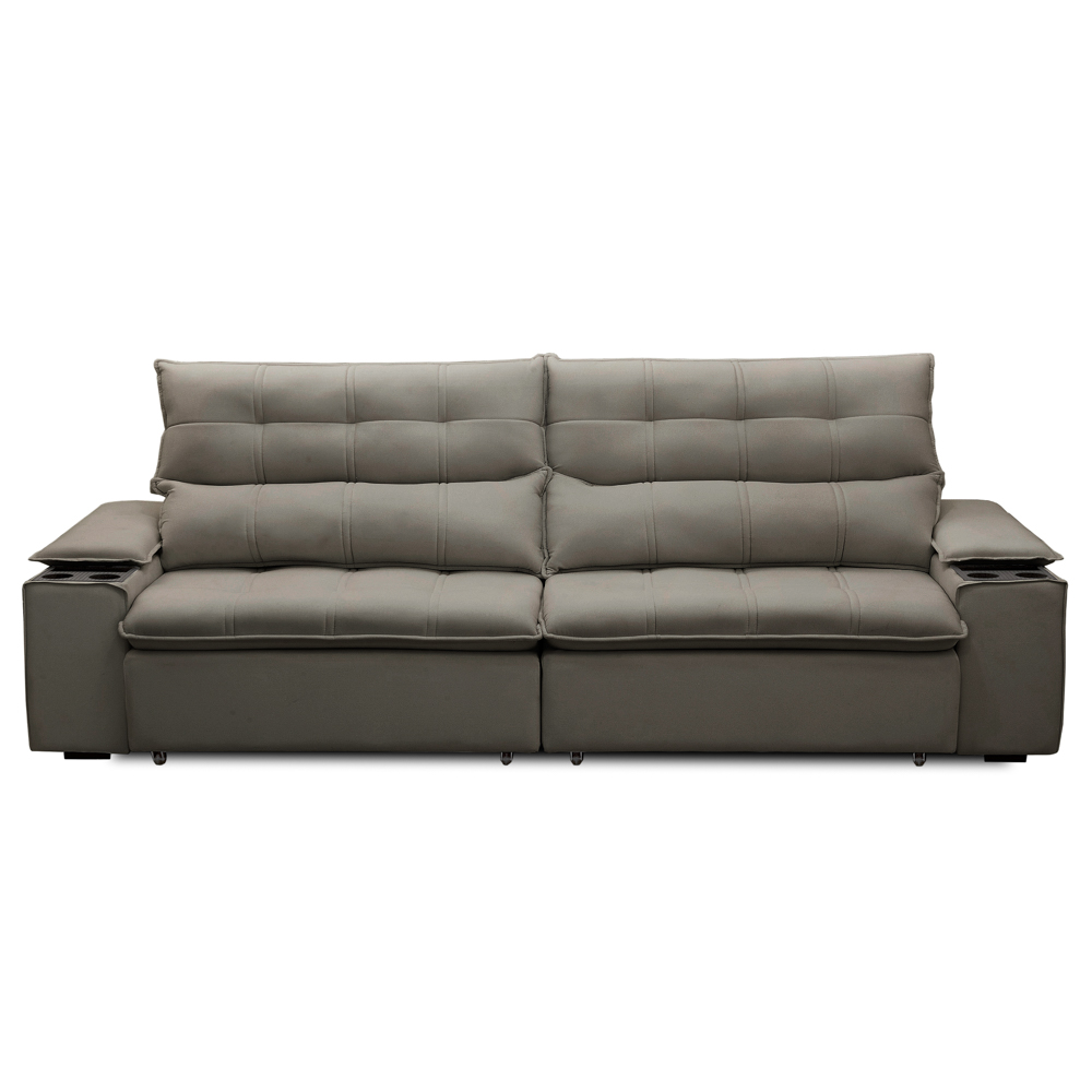 Sofá Retrátil 3 Lugares com Porta Copo 250cm Malta F05 Veludo Marrom - Mpozenato