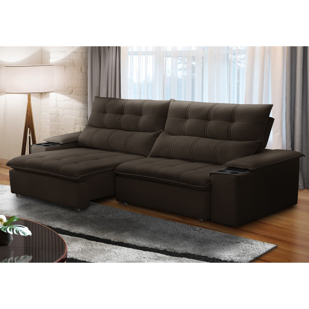 Sofá Retrátil 3 Lugares com Porta Copo 250cm Malta F05 Veludo Marrom Escuro - Mpozenato