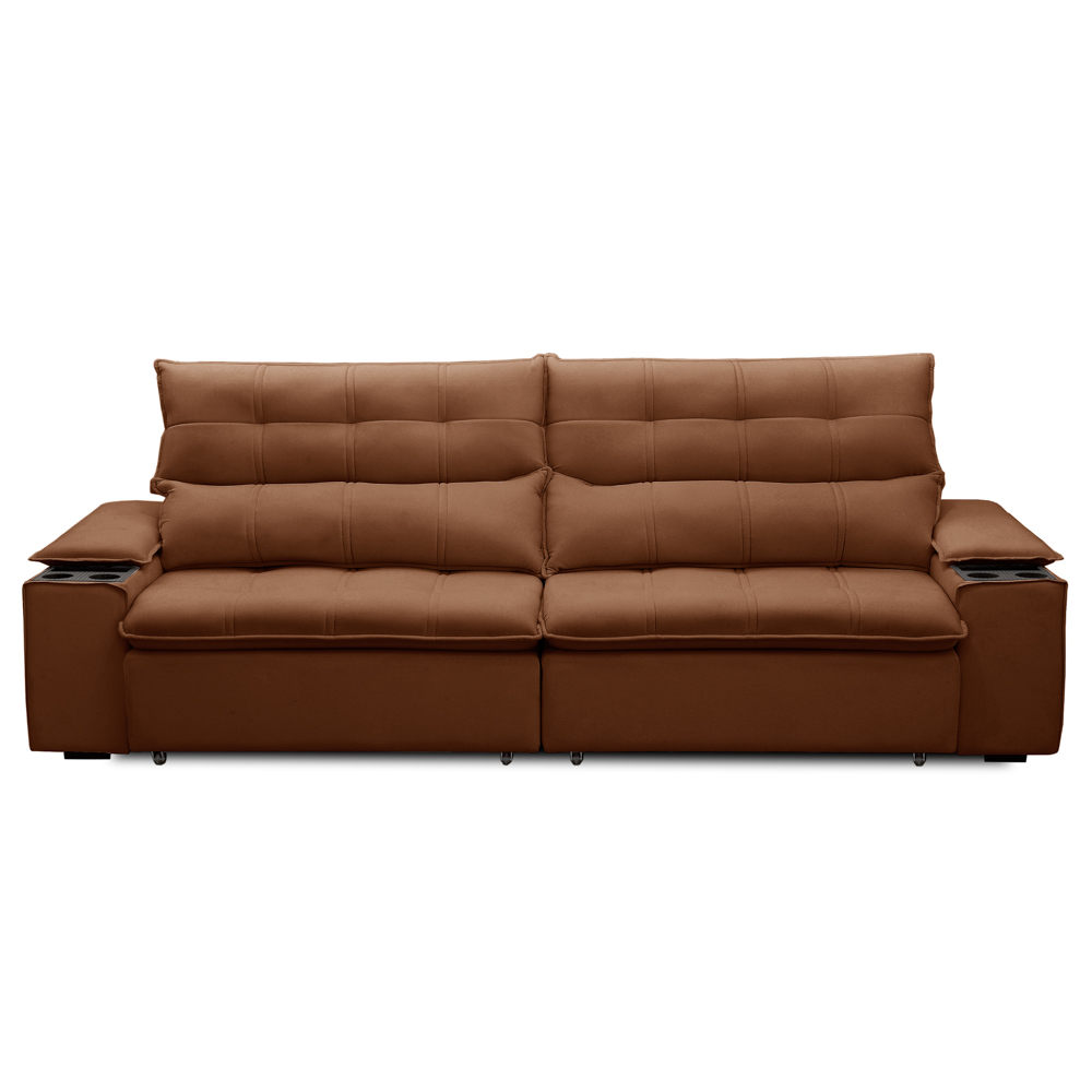 Sofá Retrátil 3 Lugares com Porta Copo 250cm Malta F05 Veludo Terracota - Mpozenato
