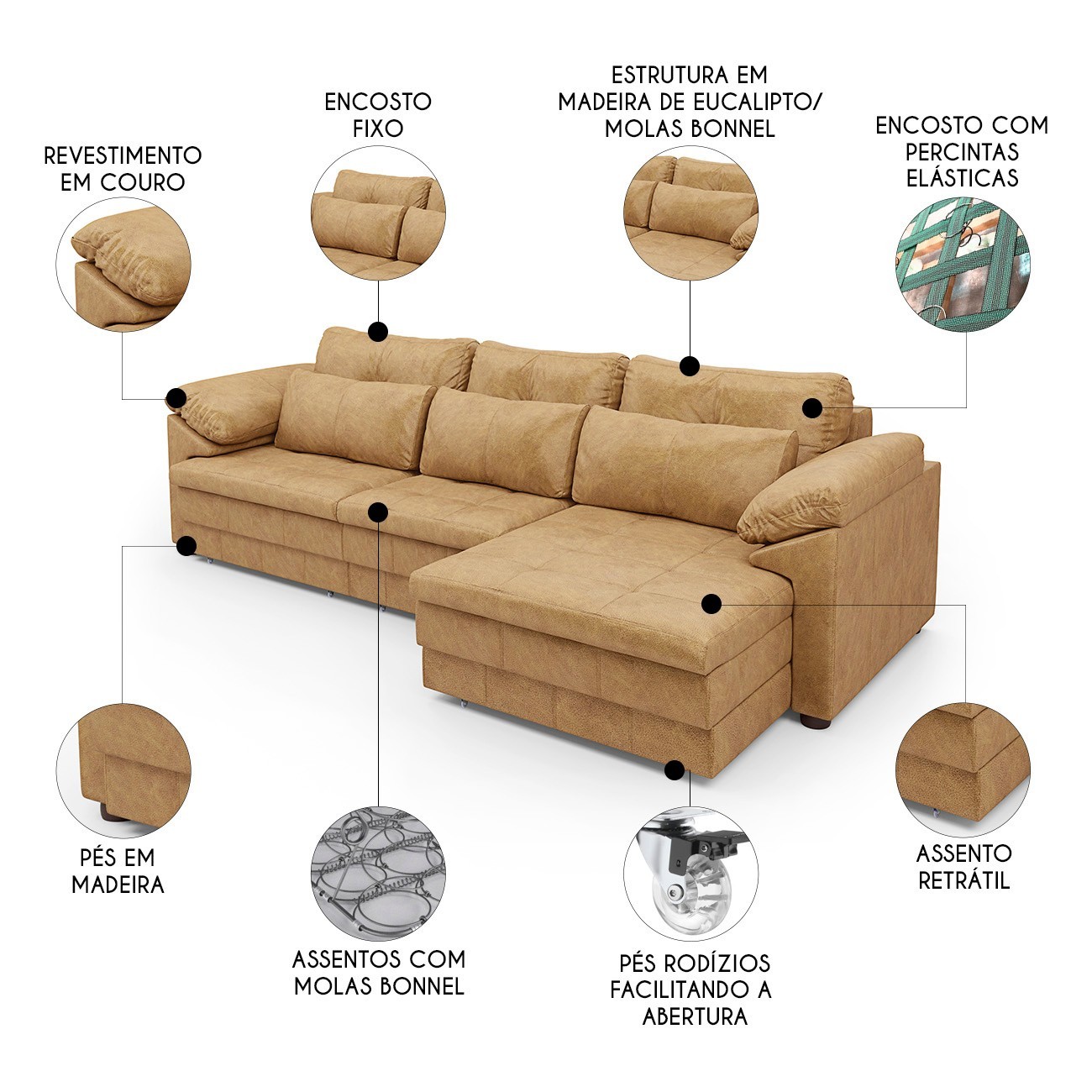 Sofá Retrátil 4 Lugares Para Sala 332cm Dijon Couro Bege S07 - Mpozenato