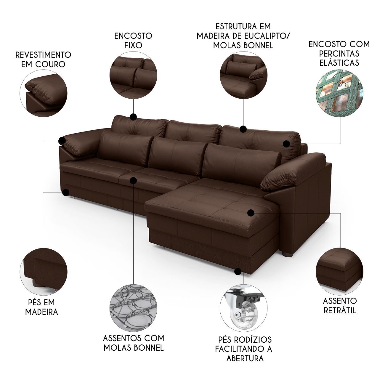 Sofá Retrátil 4 Lugares Para Sala 332cm Dijon Couro Caramelo S07 - Mpozenato