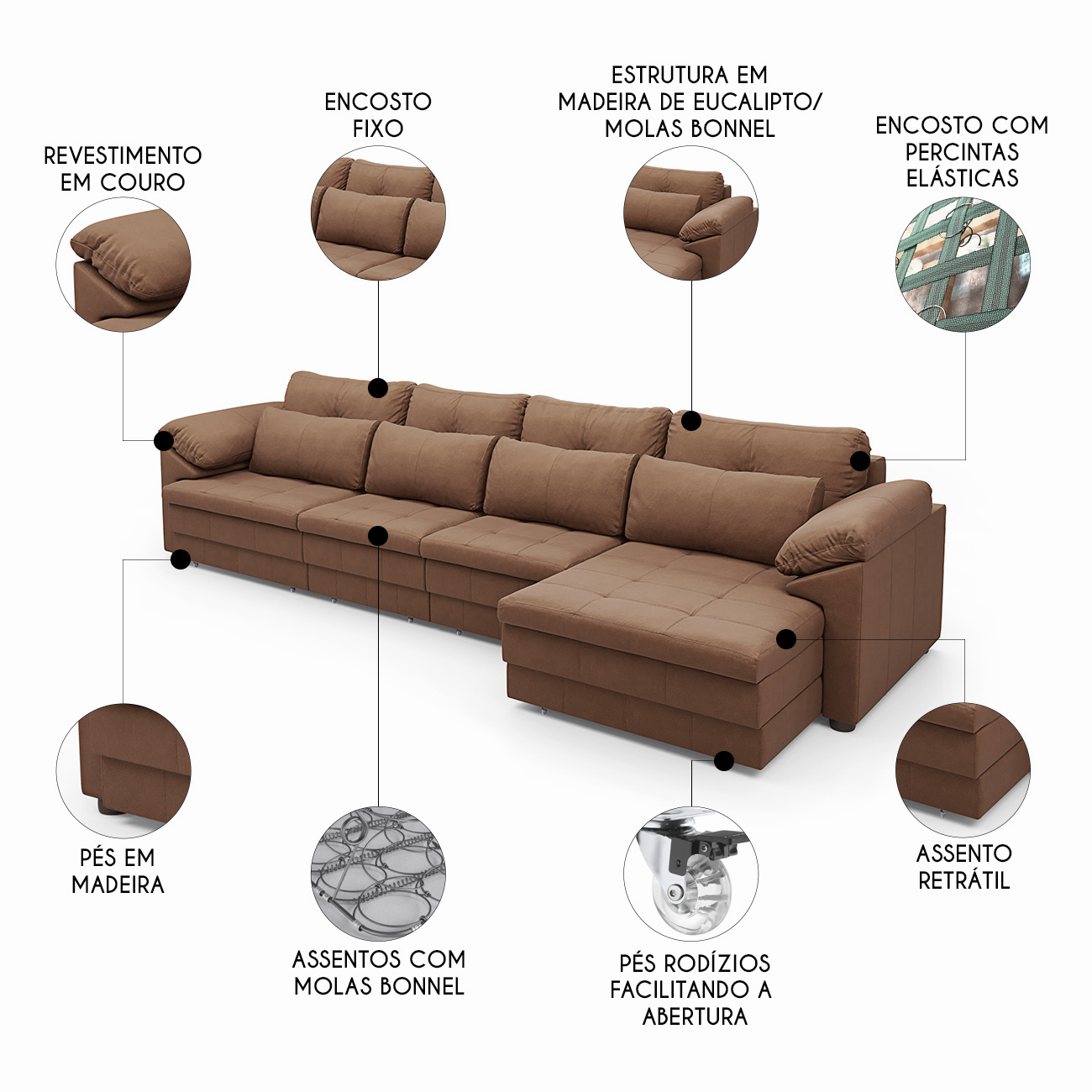Sofá Retrátil 4 Lugares Para Sala 339cm Dijon Couro Mel S07 - Mpozenato