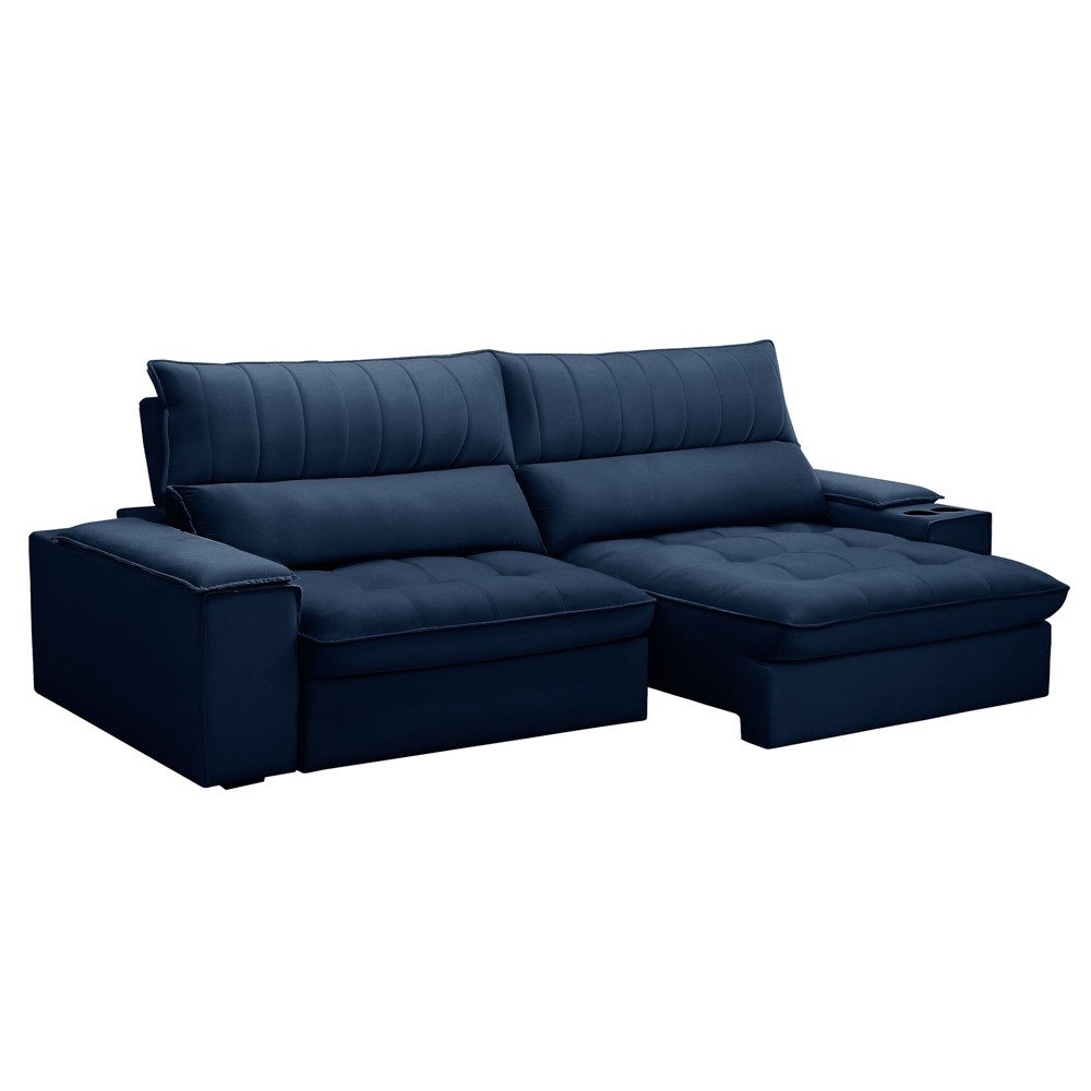 Sofá Retrátil 4 Lugares com Porta Copo 280cm Andes F05 Veludo Azul - Mpozenato