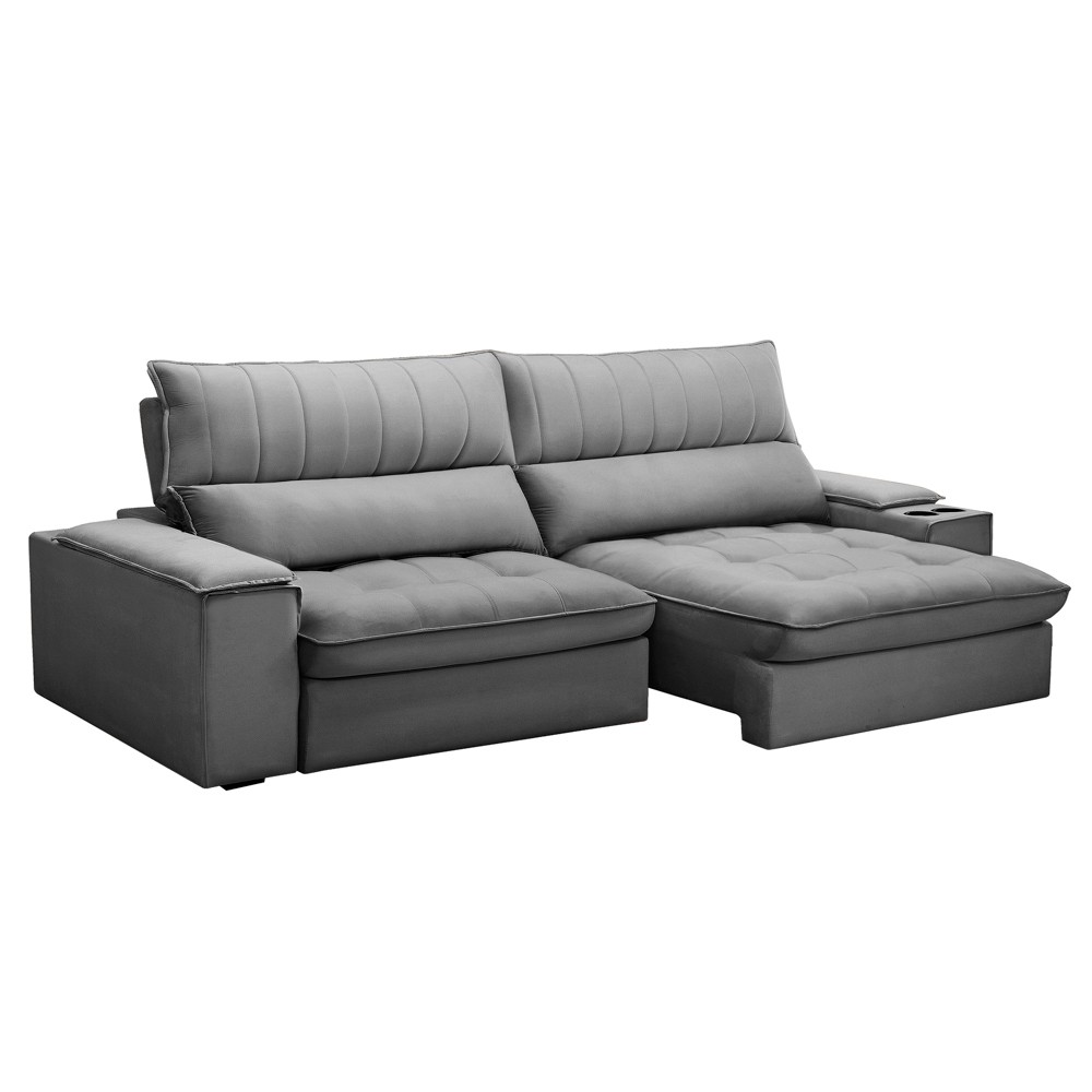 Sofá Retrátil 4 Lugares com Porta Copo 280cm Andes F05 Veludo Cinza - Mpozenato
