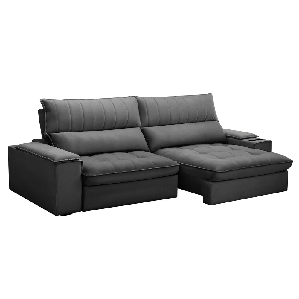 Sofá Retrátil 4 Lugares com Porta Copo 280cm Andes F05 Veludo Grafite - Mpozenato