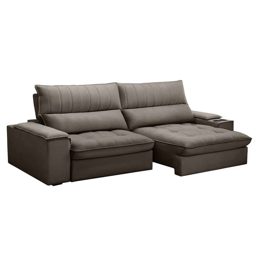 Sofá Retrátil 4 Lugares com Porta Copo 280cm Andes F05 Veludo Marrom - Mpozenato