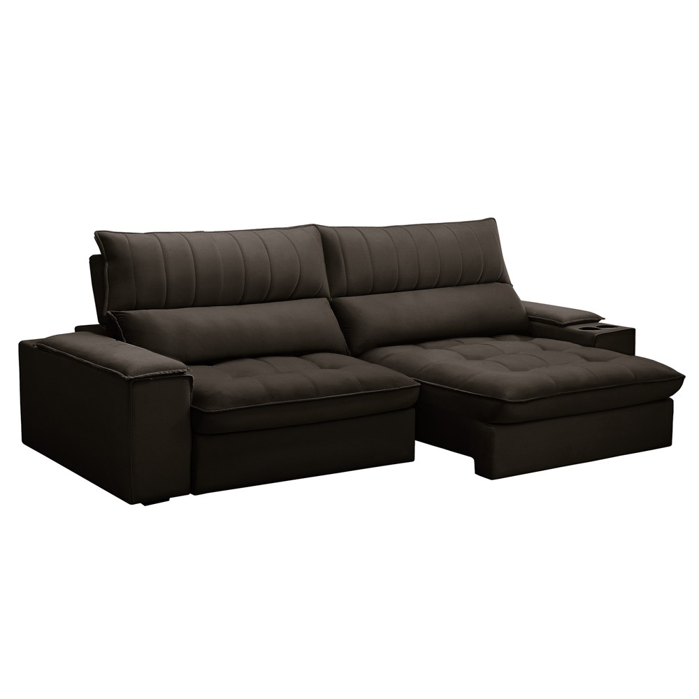 Sofá Retrátil 4 Lugares com Porta Copo 280cm Andes F05 Veludo Marrom Escuro - Mpozenato