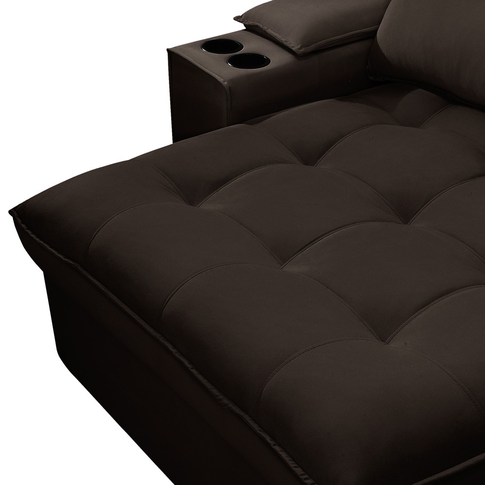 Sofá Retrátil 4 Lugares com Porta Copo 280cm Andes F05 Veludo Marrom Escuro - Mpozenato