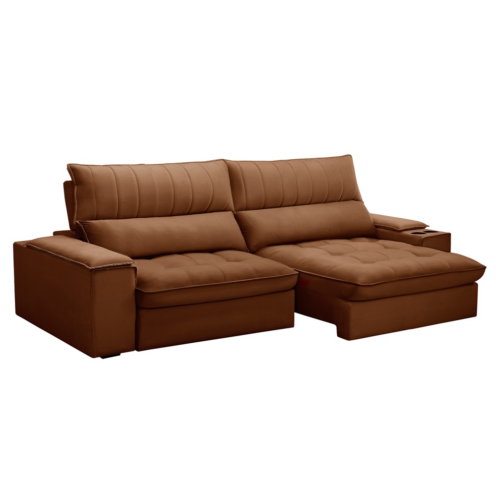 Sofá Retrátil 4 Lugares com Porta Copo 280cm Andes F05 Veludo Terracota - Mpozenato