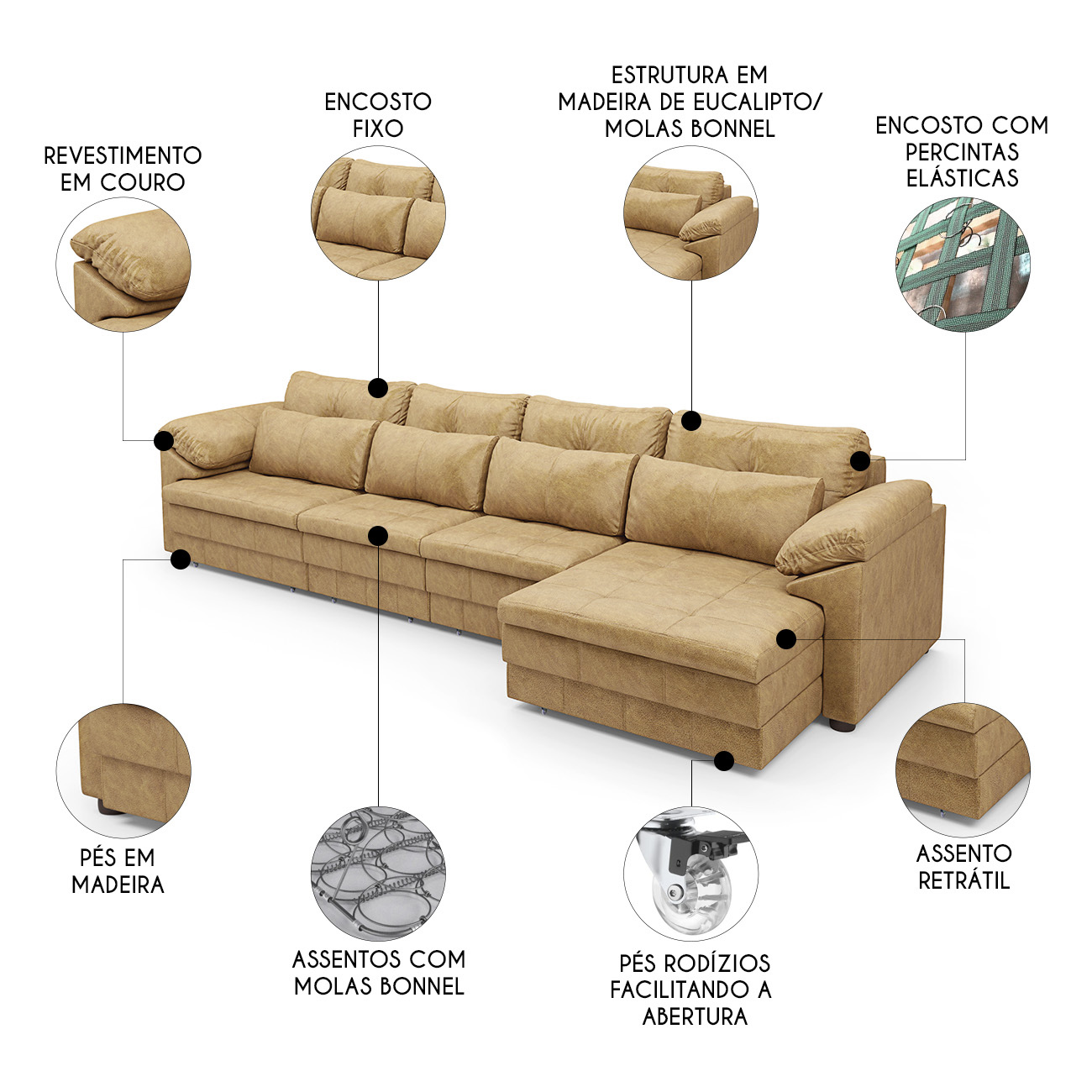 Sofá Retrátil 5 Lugares Para Sala 414cm Dijon Couro Bege S07 - Mpozenato