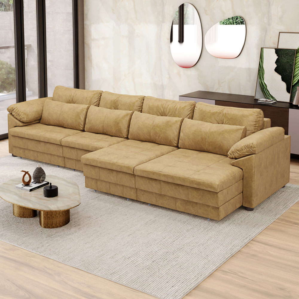 Sofá Retrátil 5 Lugares Para Sala 414cm Dijon Couro Bege S07 - Mpozenato