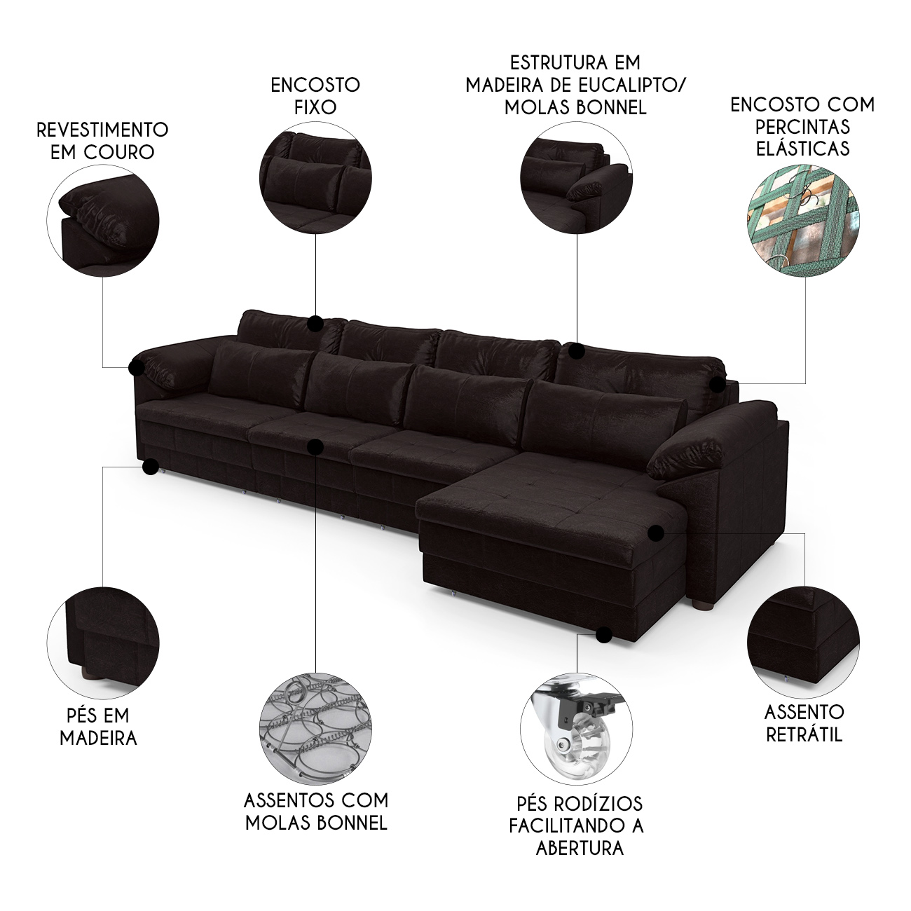 Sofá Retrátil 5 Lugares Para Sala 414cm Dijon Couro Bordô S07 - Mpozenato