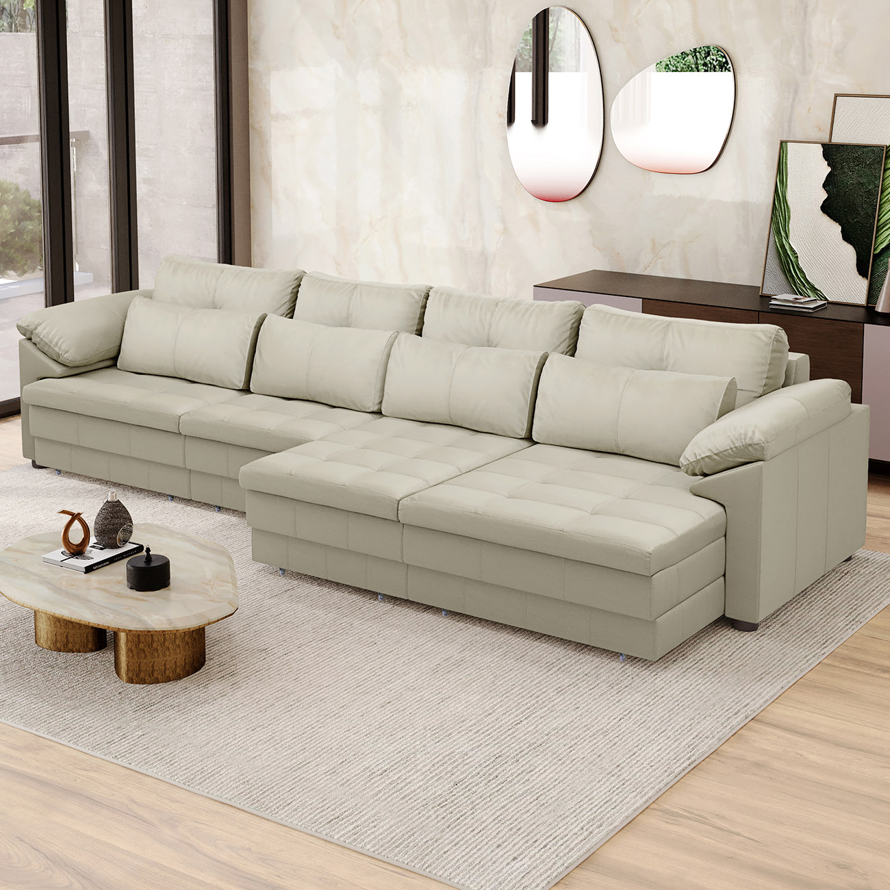 Sofá Retrátil 5 Lugares Para Sala 414cm Dijon Couro Creme S07 - Mpozenato