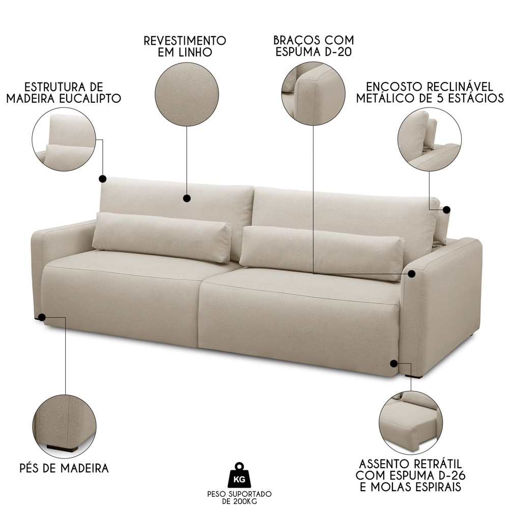Sofá Retrátil Reclinável 210cm Sinna F05 Linho Bege - Mpozenato