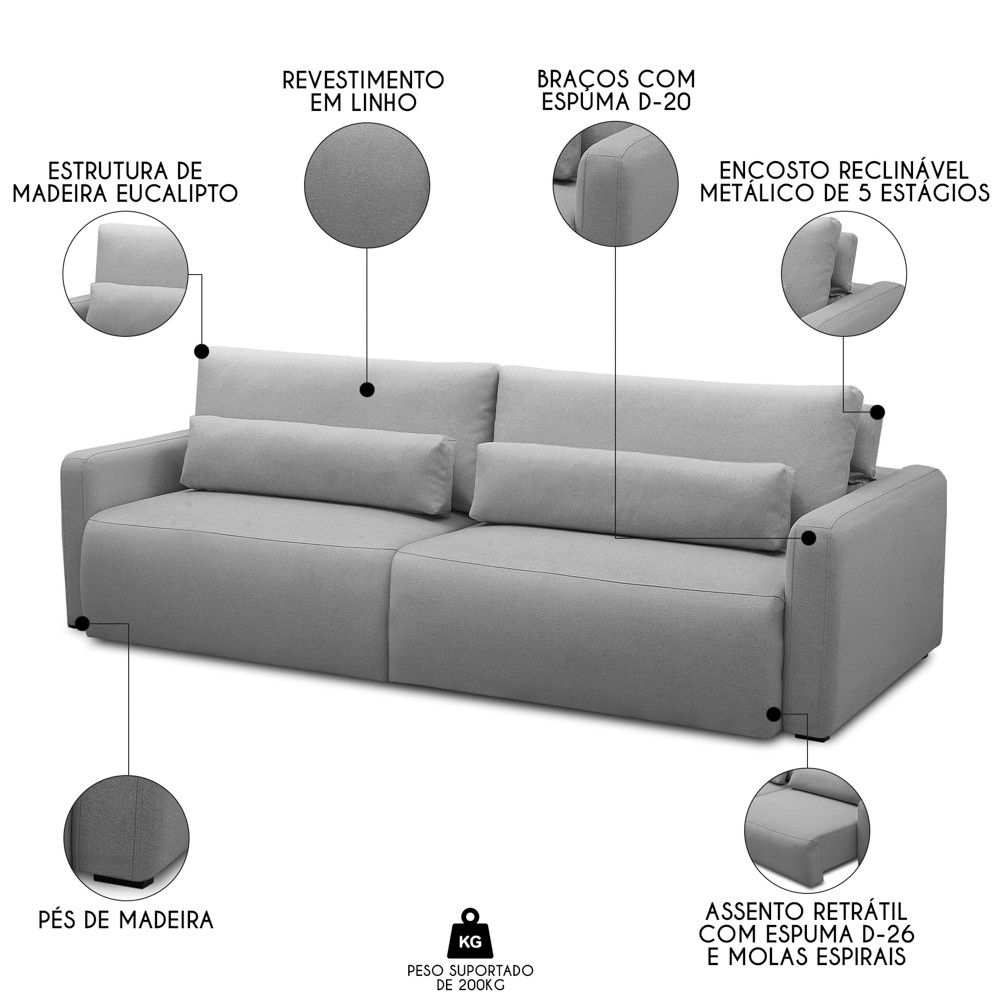Sofá Retrátil Reclinável 270cm Sinna F05 Linho Cinza - Mpozenato