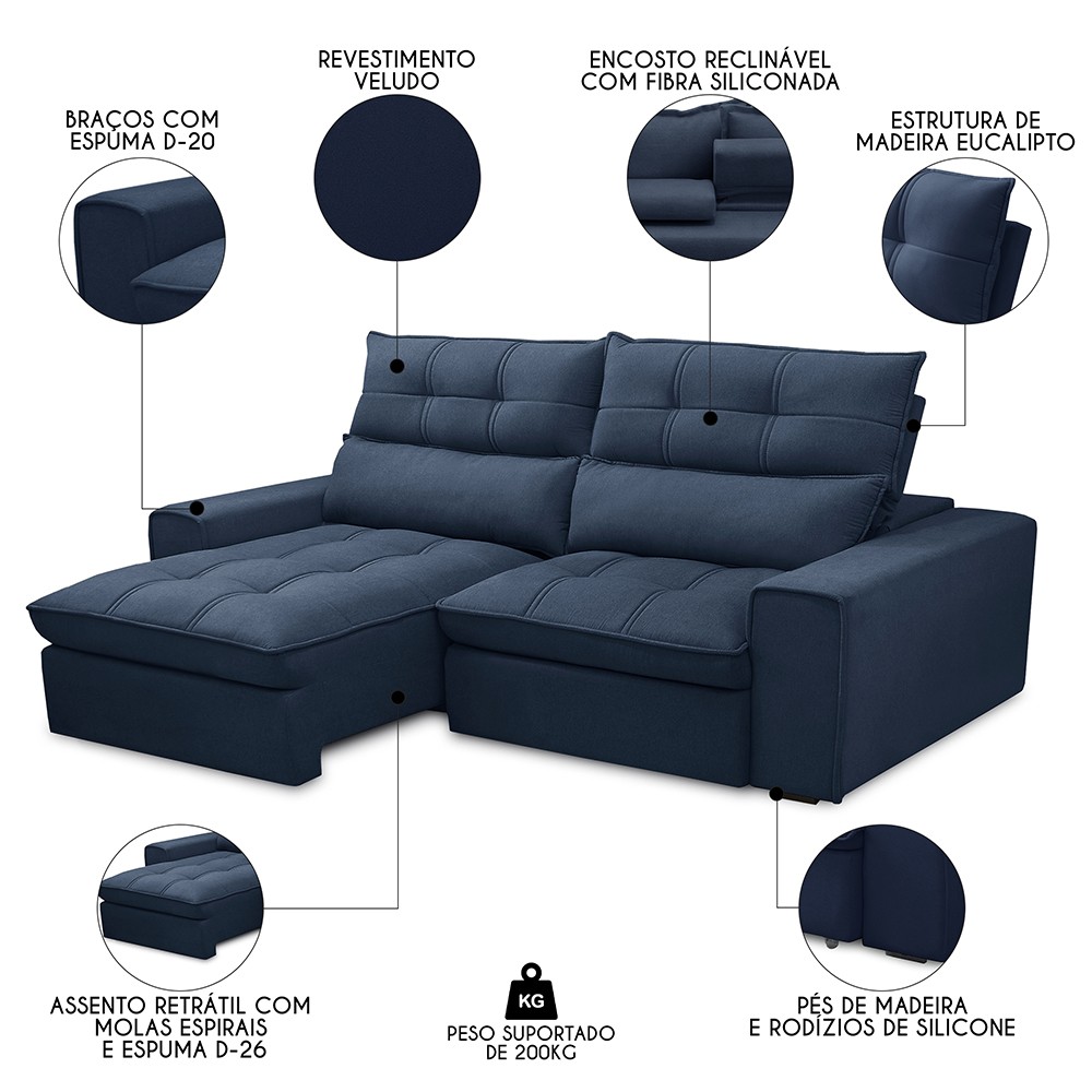 Sofá Retrátil Reclinável 3 Lugares 210cm Damy F05 Veludo Azul - Mpozenato