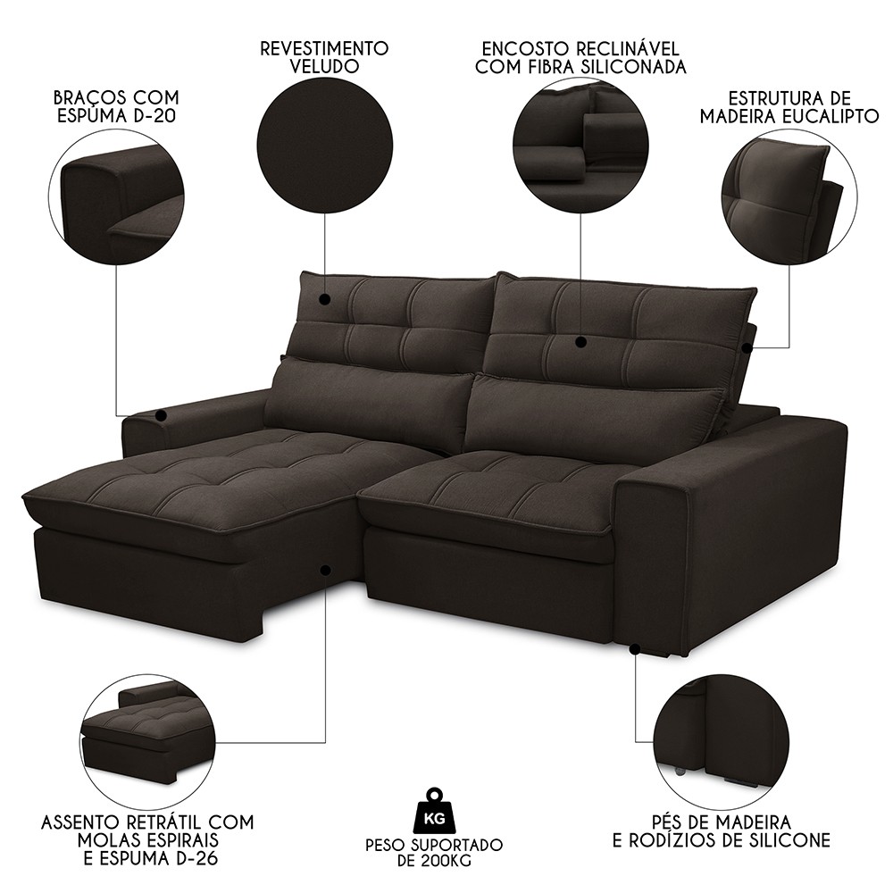Sofá Retrátil Reclinável 3 Lugares 210cm Damy F05 Veludo Marrom Escuro - Mpozenato