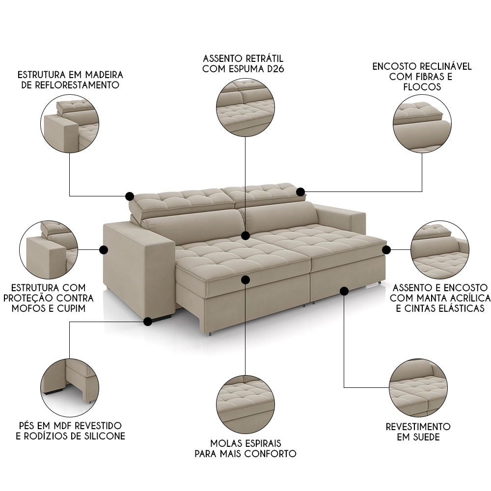 Sofá Retrátil Reclinável 3 Lugares 218cm Vick M22 Suede Bege - Mpozenato