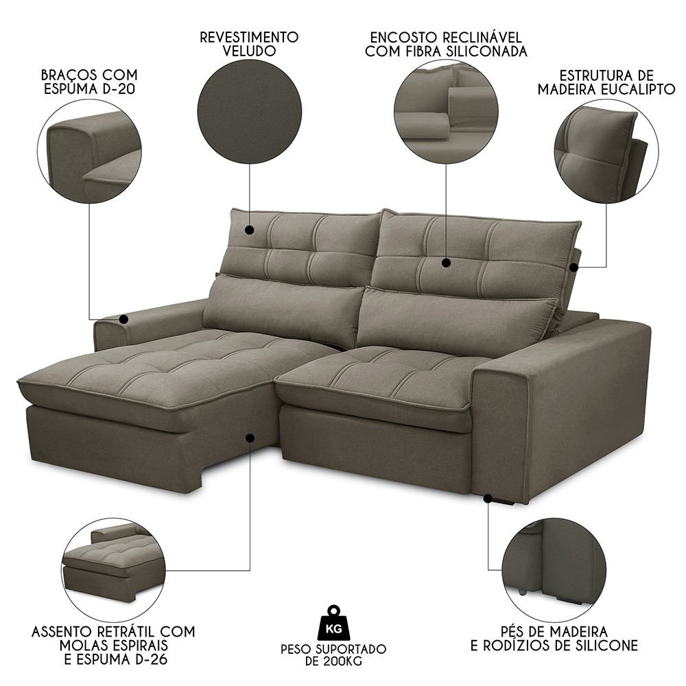 Sofá Retrátil Reclinável 3 Lugares 230cm Damy F05 Veludo Marrom - Mpozenato