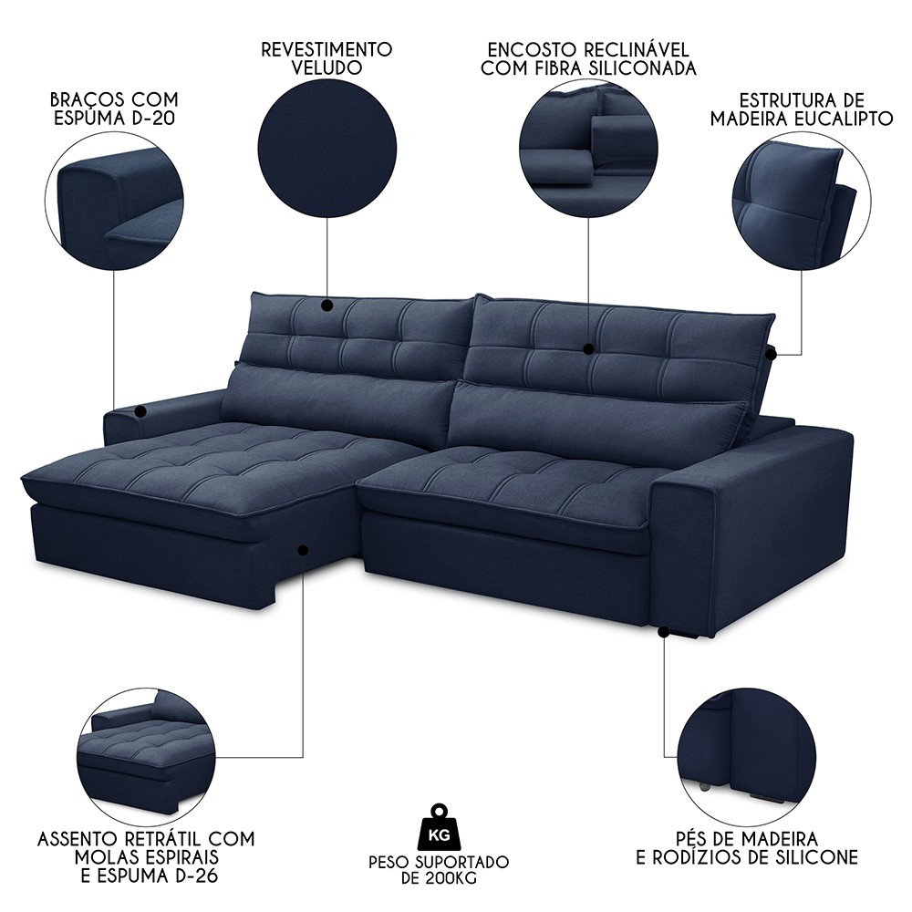 Sofá Retrátil Reclinável 3 Lugares 250cm Damy F05 Veludo Azul - Mpozenato