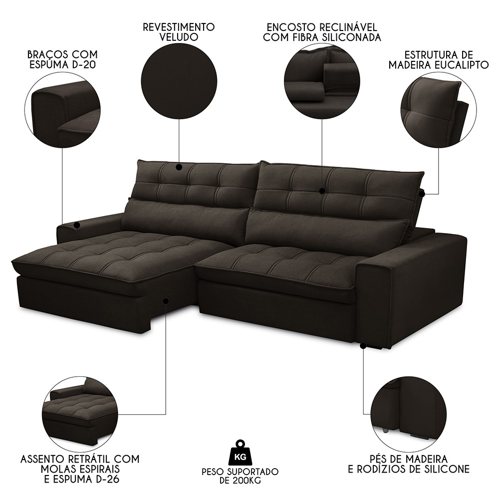 Sofá Retrátil Reclinável 3 Lugares 250cm Damy F05 Veludo Marrom Escuro - Mpozenato