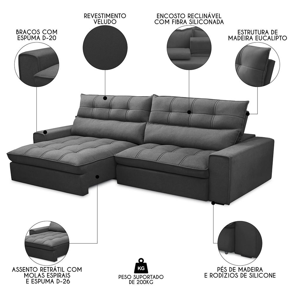 Sofá Retrátil Reclinável 4 Lugares 290cm Damy F05 Veludo Grafite - Mpozenato
