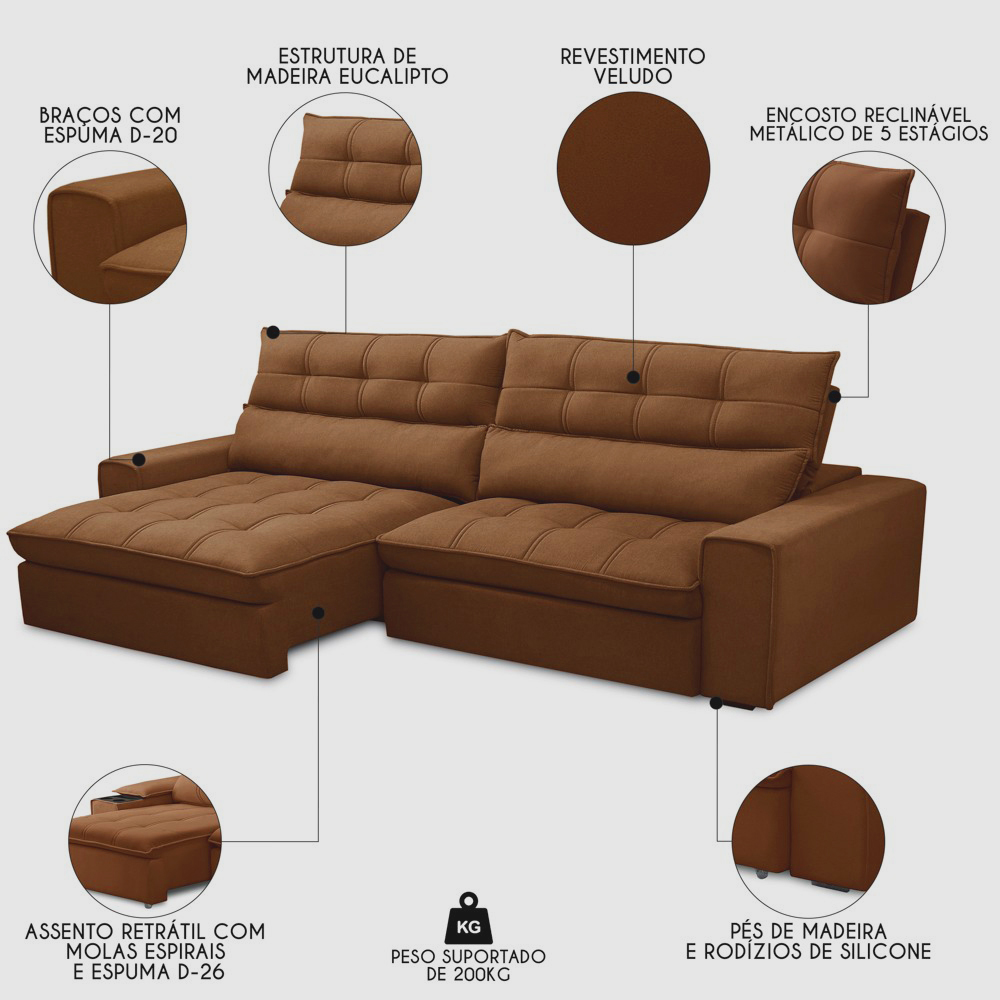 Sofá Retrátil Reclinável 4 Lugares 290cm Damy F05 Veludo Terracota - Mpozenato