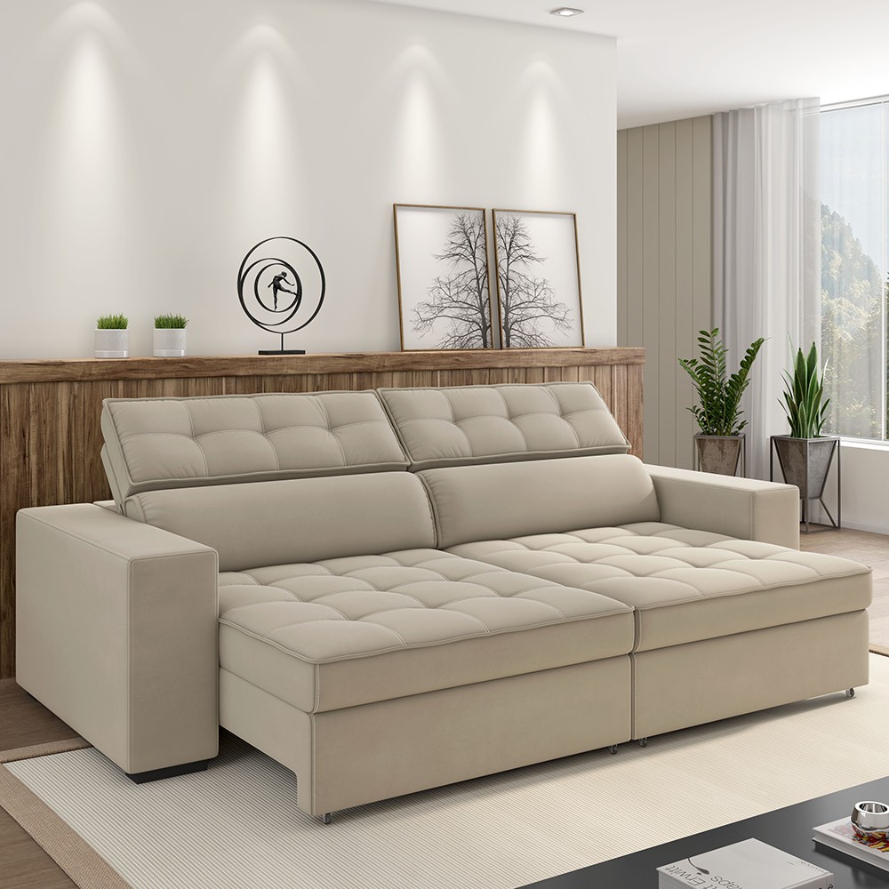 Sofá Retrátil Reclinável 4 Lugares 290cm Vick M22 Suede Bege - Mpozenato