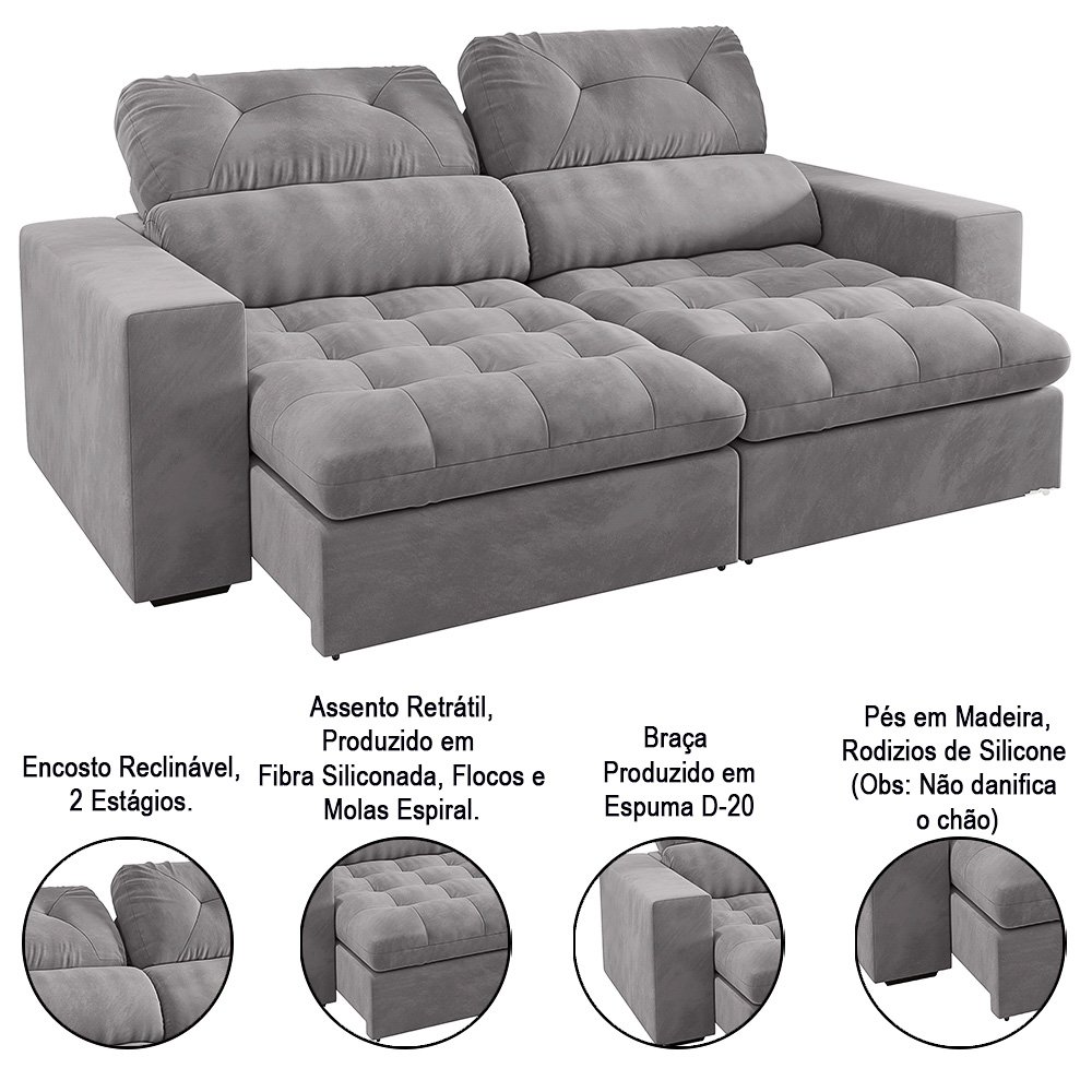 Sofá Retrátil e Reclinável 3 Lugares 200cm Viena A12 Suede Cinza - Mpozenato