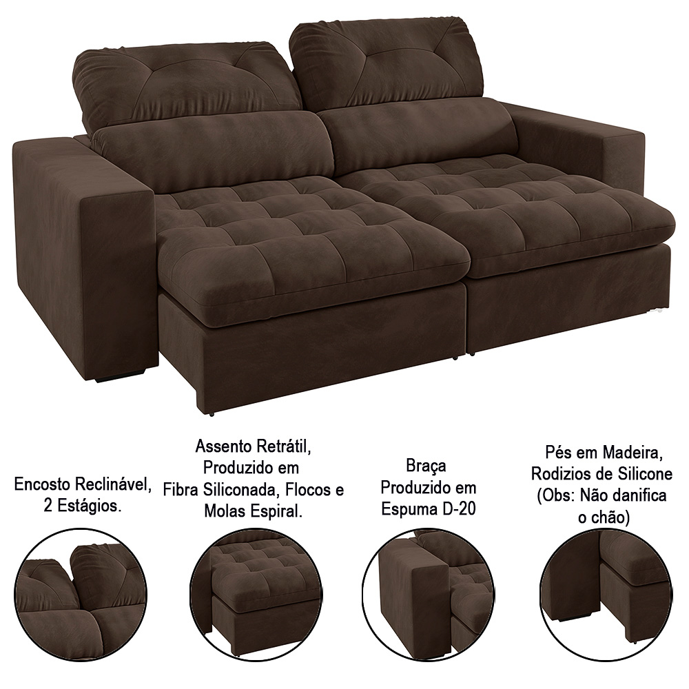 Sofá Retrátil e Reclinável 3 Lugares 200cm Viena A12 Suede Marrom - Mpozenato