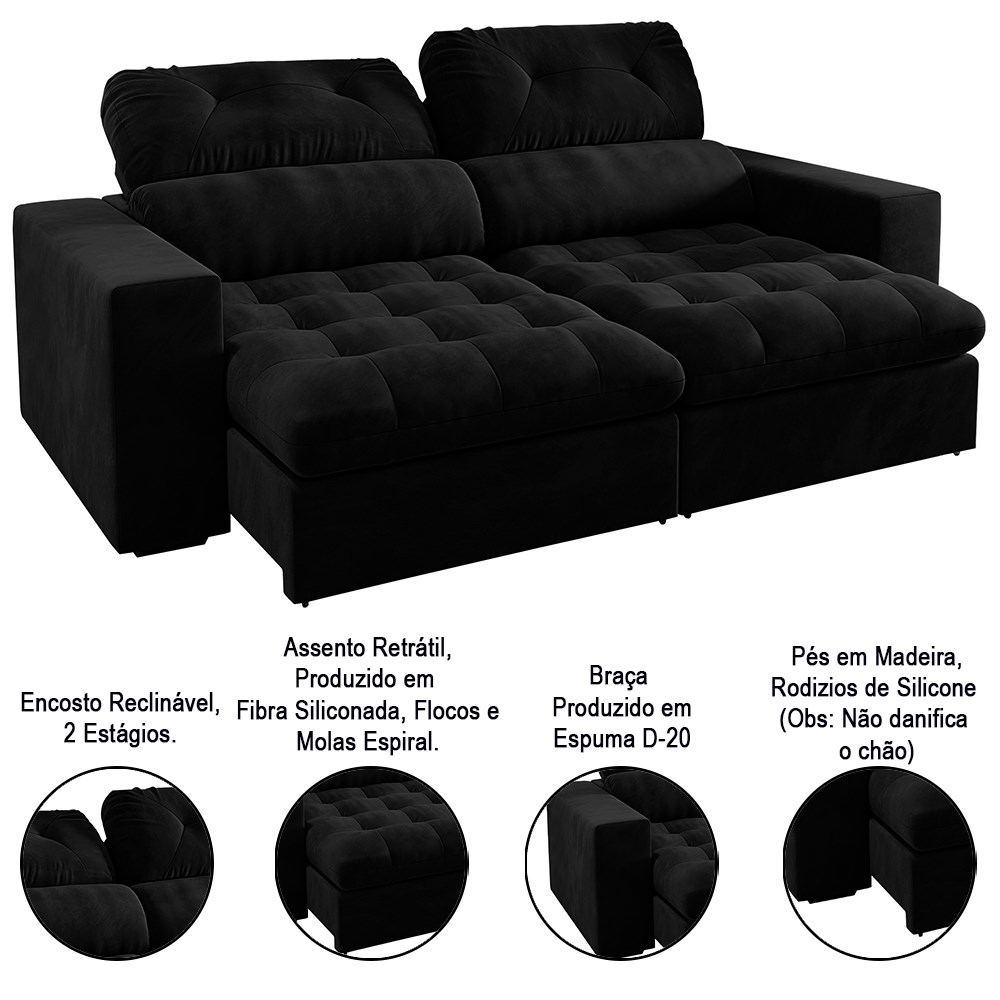 Sofá Retrátil e Reclinável 3 Lugares 200cm Viena A12 Suede Preto - Mpozenato