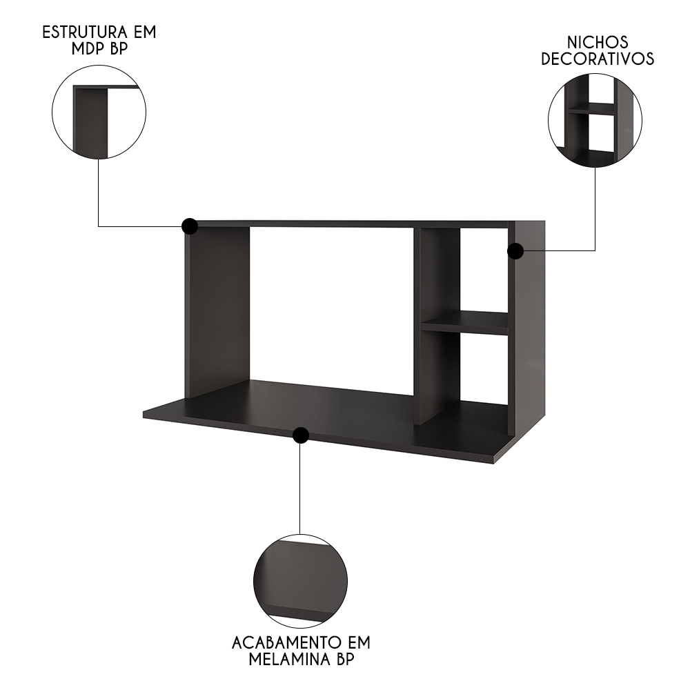 Suporte Micro-Ondas Forno Armário Aéreo 80cm 2 Prateleiras Maya M24 Preto - Mpozenato