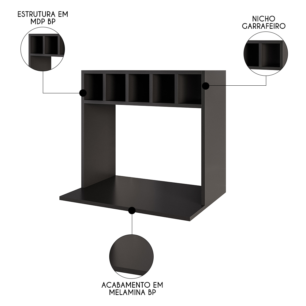 Suporte Micro-Ondas Forno Armário Aéreo com Adega 60cm Lótus M24 Preto - Mpozenato
