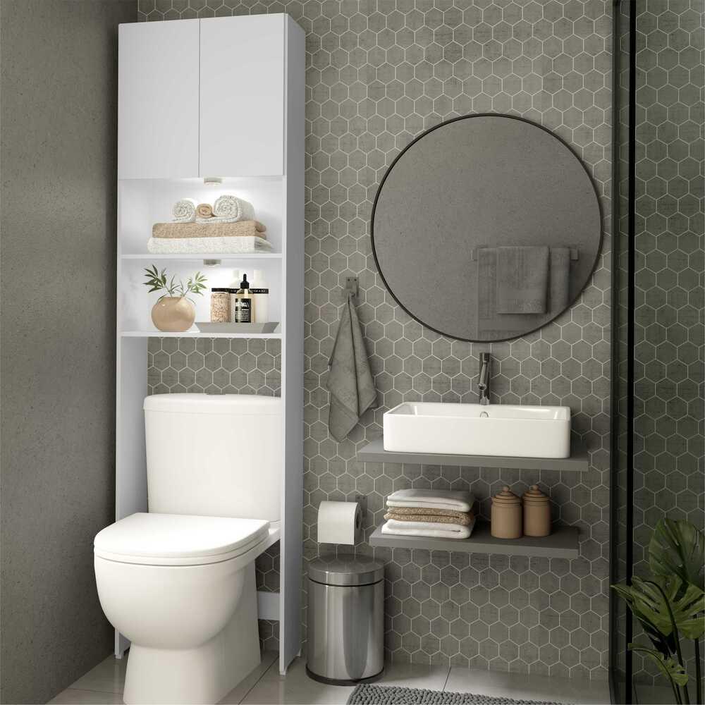  Armário Banheiro com 2 Leds para Vaso Sanitário e 2 portas Multimóveis Branco