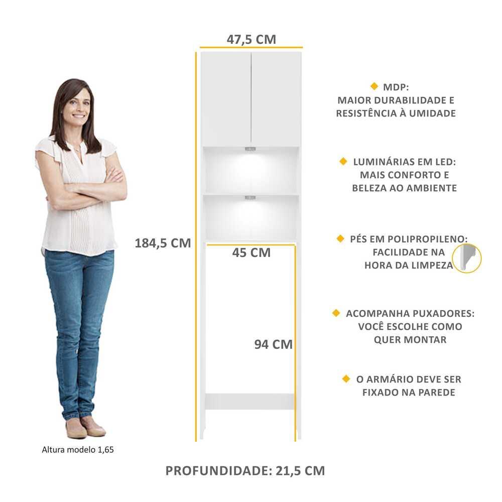  Armário Banheiro com 2 Leds para Vaso Sanitário e 2 portas Multimóveis Branco