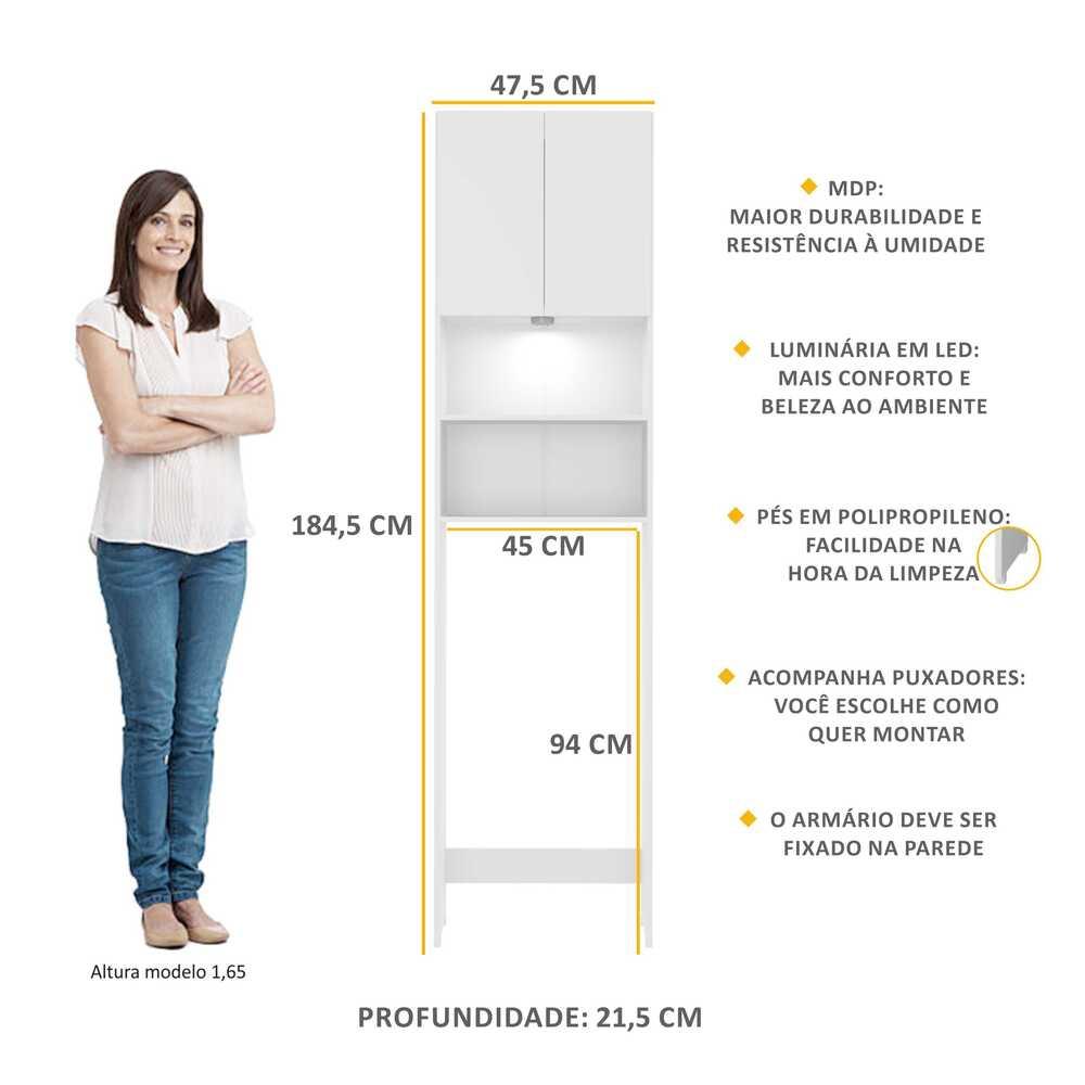  Armário Banheiro com Led para Vaso Sanitário e 2 portas Multimóveis Branco